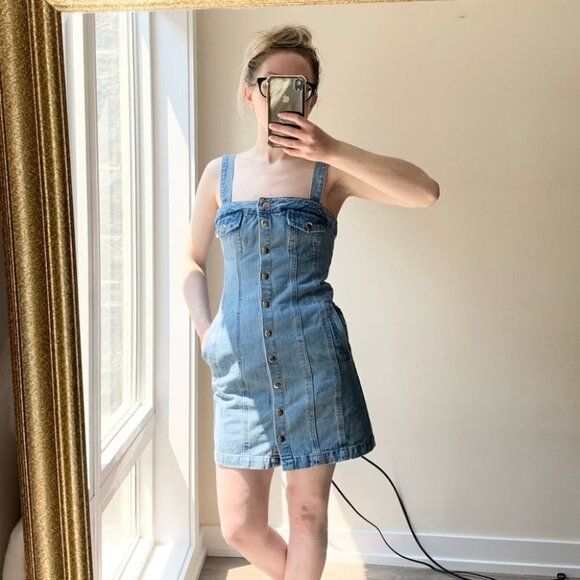 Urban Outfitters BDG Denim Mini Dress Snap Button Light wash Blue western XS - Picture 6 of 16